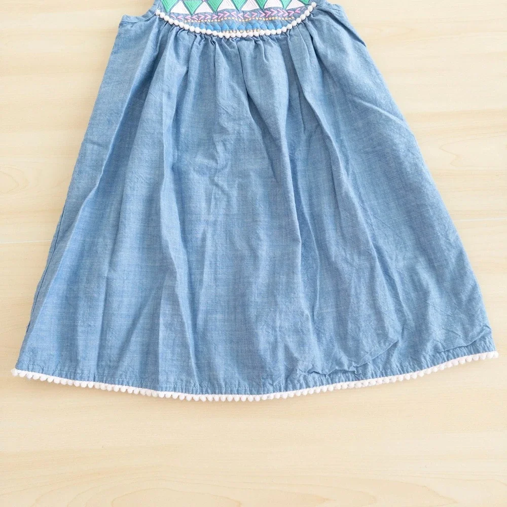 Iris & Ivy Girls Denim Dress Size 5 Blue Chambray Geometric Embroidered‎ Pom Pom
